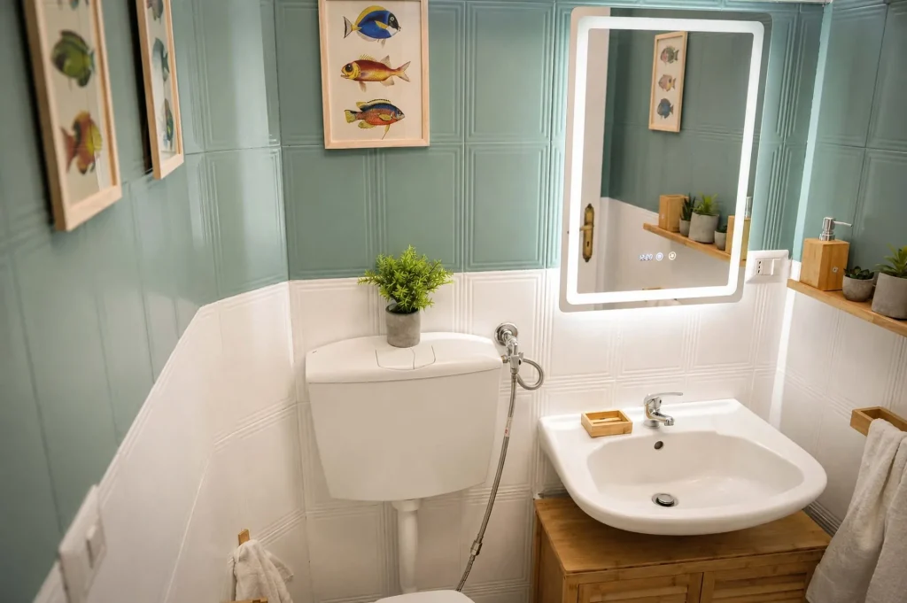 Sanitari e lavabo con specchio illuminato nel bagno di servizio della casa vacanze a Cariati Marina.