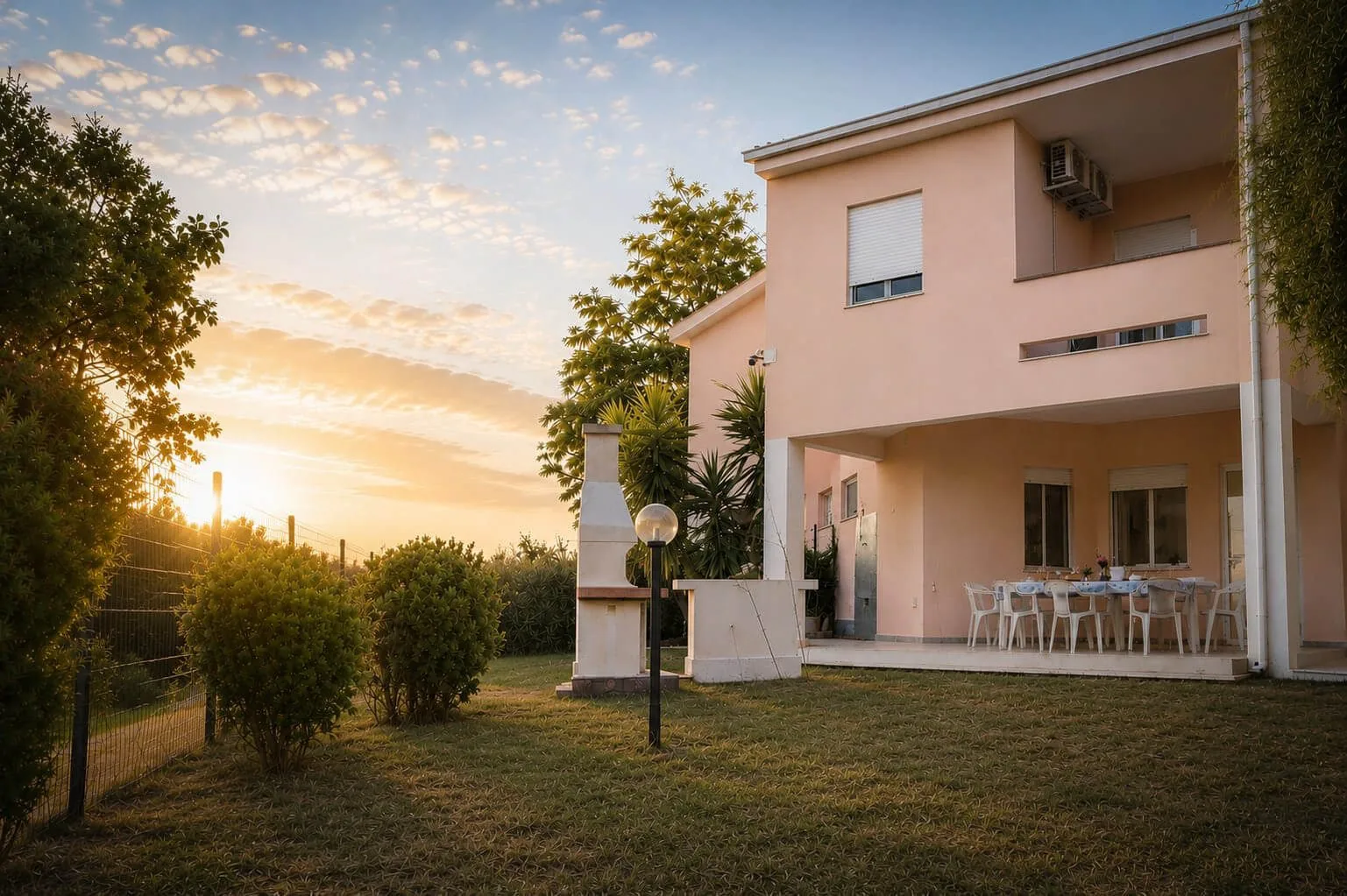 Giardino con prato verde al tramonto e facciata della casa vacanze La Dimora di Arianna a Cariati Marina.