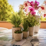 Piantine grasse in piccoli vasi di cemento e orchidee rosa su un tavolo con tovaglia a motivi marini nella terrazza a Cariati.