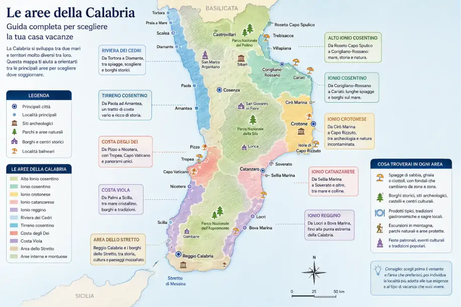 Mappa delle principali aree turistiche della Calabria, con coste, località, borghi e parchi naturali