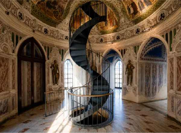 Interno del Castello Ducale di Corigliano Calabro con scala a chiocciola e pareti decorate