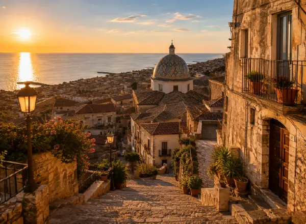 Veduta del centro storico di Cariati con la cupola della Cattedrale e il Mar Ionio