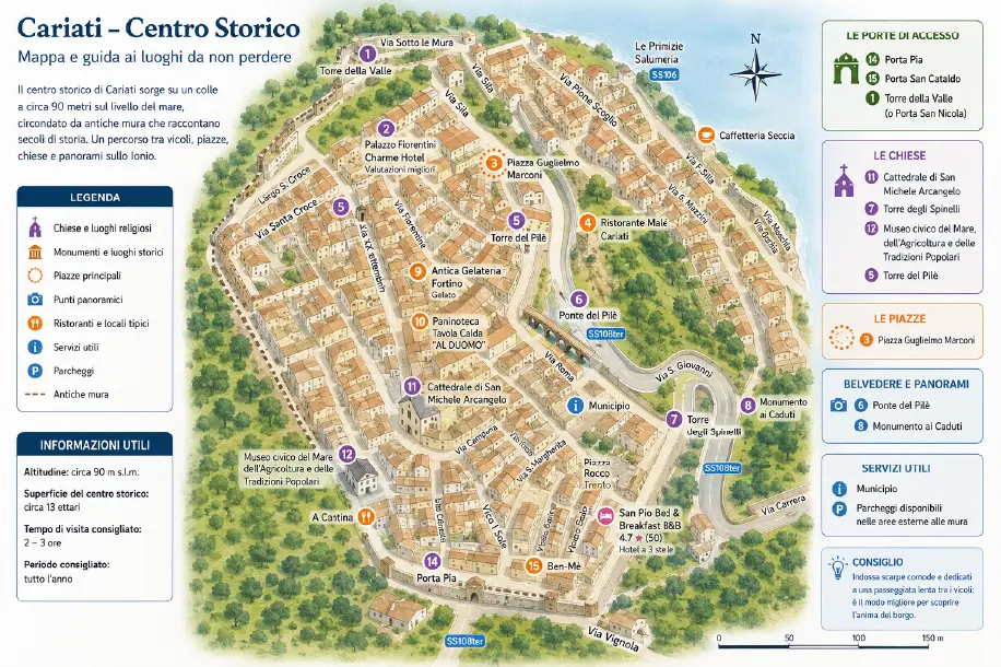 Mappa illustrata del centro storico di Cariati con porte di accesso, chiese, piazze, monumenti e punti di interesse