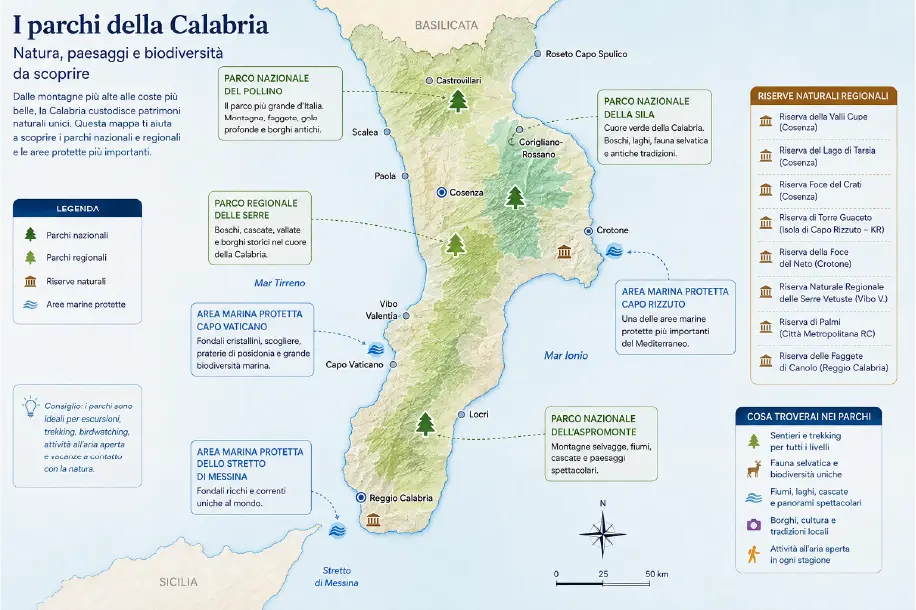 Mappa dei principali parchi, riserve naturali e aree marine protette della Calabria