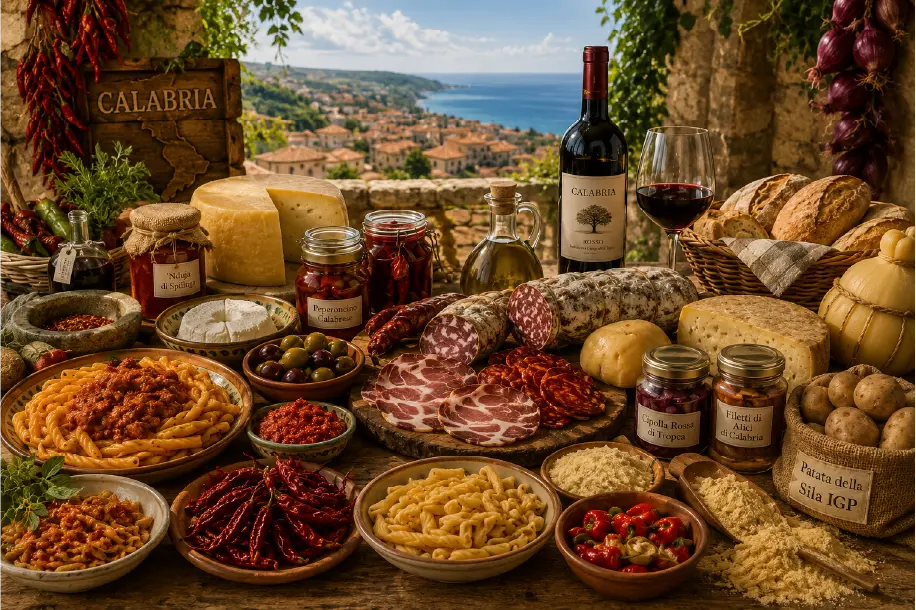 Tavola con prodotti tipici calabresi, tra cui salumi, formaggi, ’nduja, peperoncino, cipolla rossa, patate, pasta, pane, olio e vino
