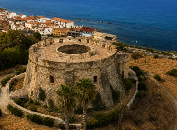 Torre Aragonese di Torre Melissa con struttura in pietra e palme