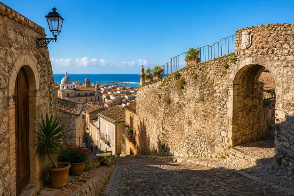 Vista panoramica del borgo medievale di Cariati con il centro storico e il mare sullo sfondo