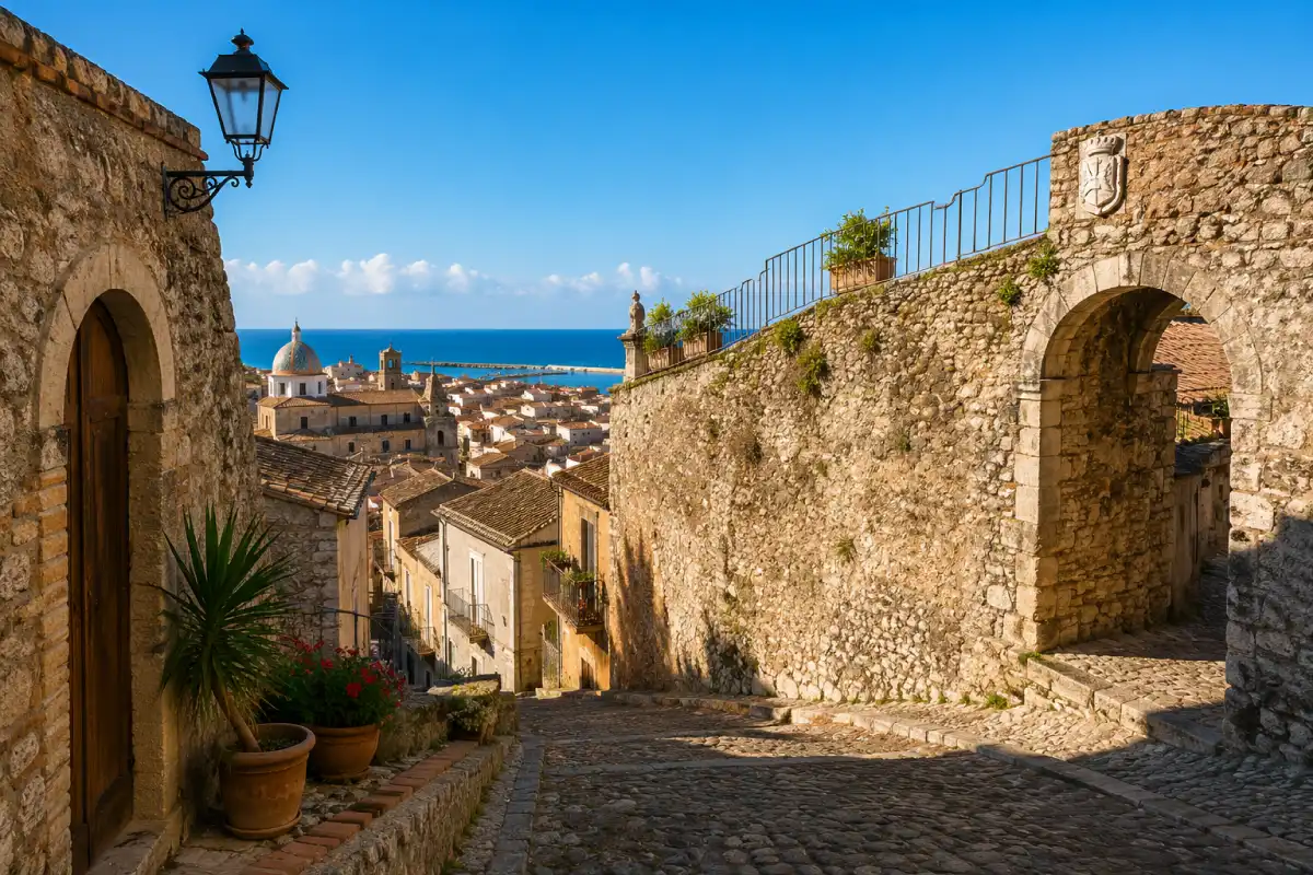 Vista panoramica del borgo medievale di Cariati con il centro storico e il mare sullo sfondo