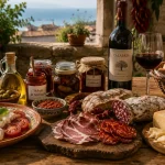 Tavola con prodotti tipici della cucina calabrese serviti all'aperto