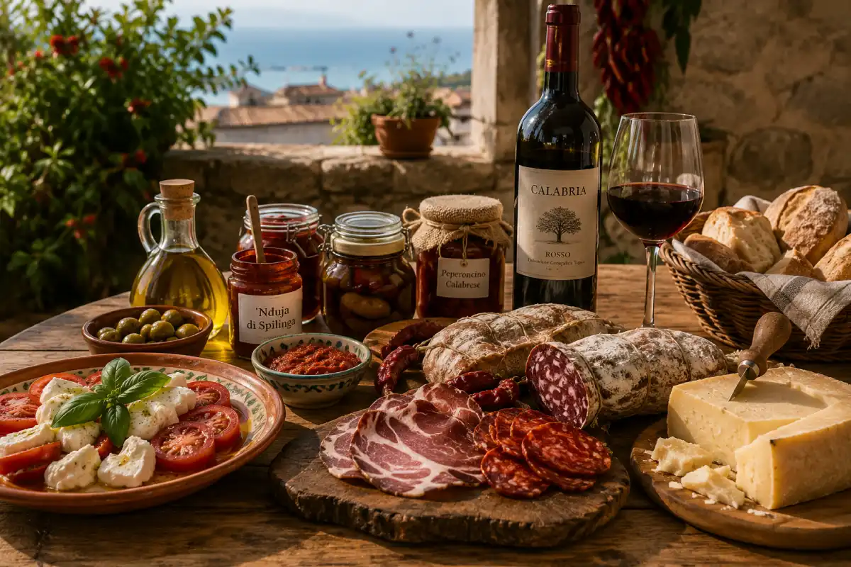 Tavola con prodotti tipici della cucina calabrese serviti all'aperto